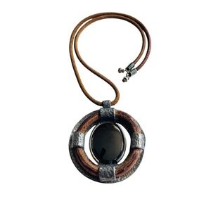 VTG BoHo Pewter Hematite medallion necklace Silver Textured MOD Statement chunky